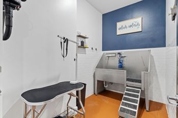 A room with a blue wall and a sink.