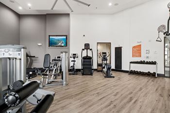 A gym with a variety of equipment including weights and machines.