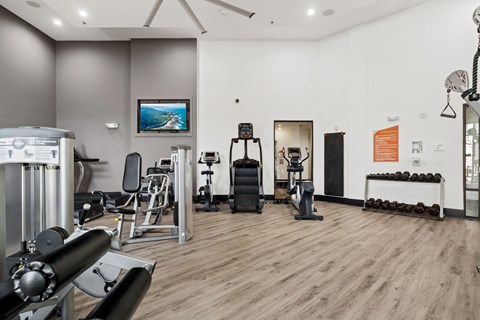 A gym with a variety of equipment including weights and machines.