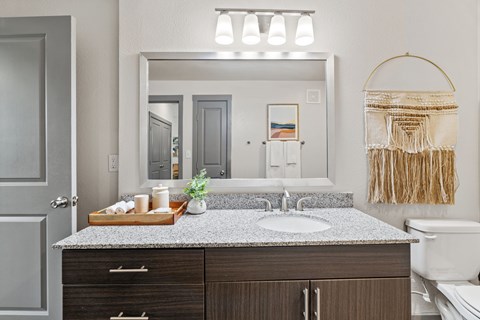 A bathroom with a sink, mirror, and toilet.