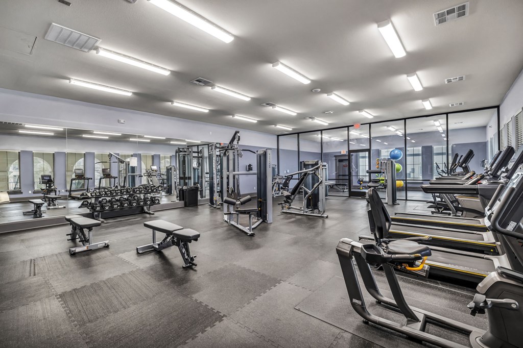 a gym with cardio equipment and mirrors in a building