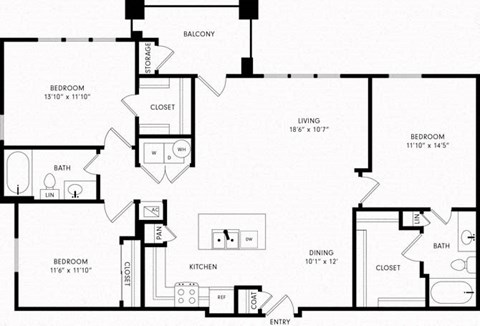 Three-Bedroom Floor Plan C1 | Axis Kessler Park Apartments