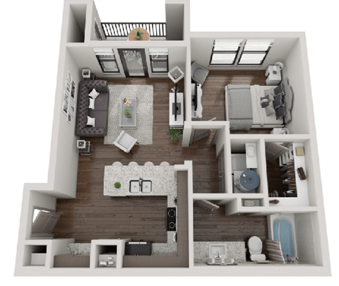 this is a 3d floor plan of a 824 square foot 1 bedroom apartment at the