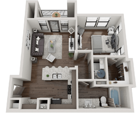 this is a 3d floor plan of a 824 square foot 1 bedroom apartment at the