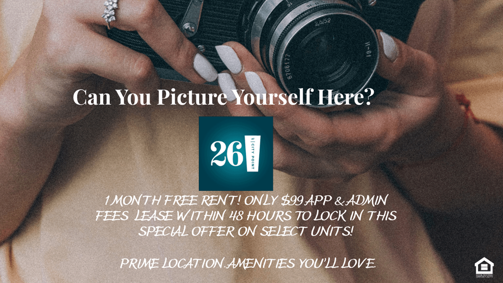 A person holding a camera with text overlay about a special offer for a lease.