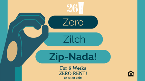A graphic advertising a 6 week zero rent offer on select units.