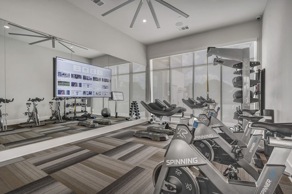 a gym with treadmills and other exercise equipment and a projection screen