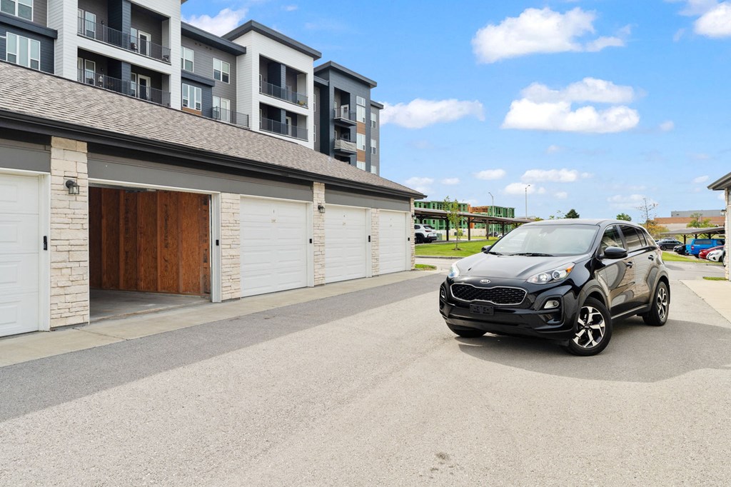 a car is parked in front of a building