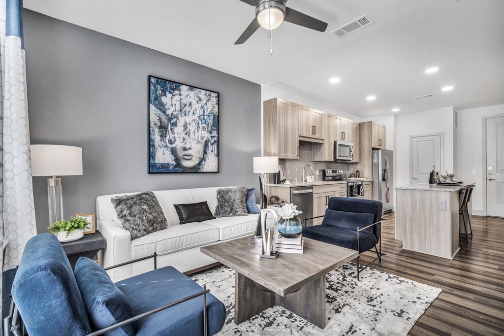 a living room with a couch and a table