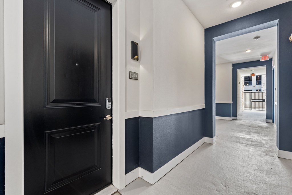 A black door with a silver handle is on the left and a white door with a silver handle is on the right.