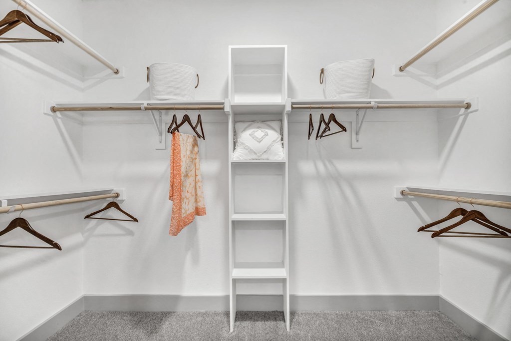 a walk in closet with white shelves and hooks and a ladder