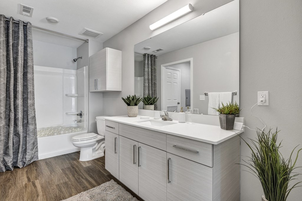 a bathroom with a large mirror and a sink and a toilet