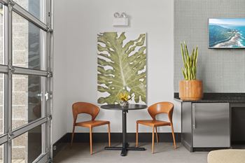 A dining room with a table, chairs and a plant.