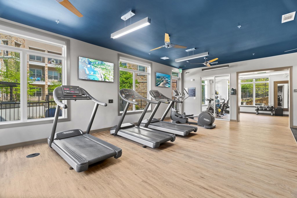 A gym with treadmills and exercise equipment.