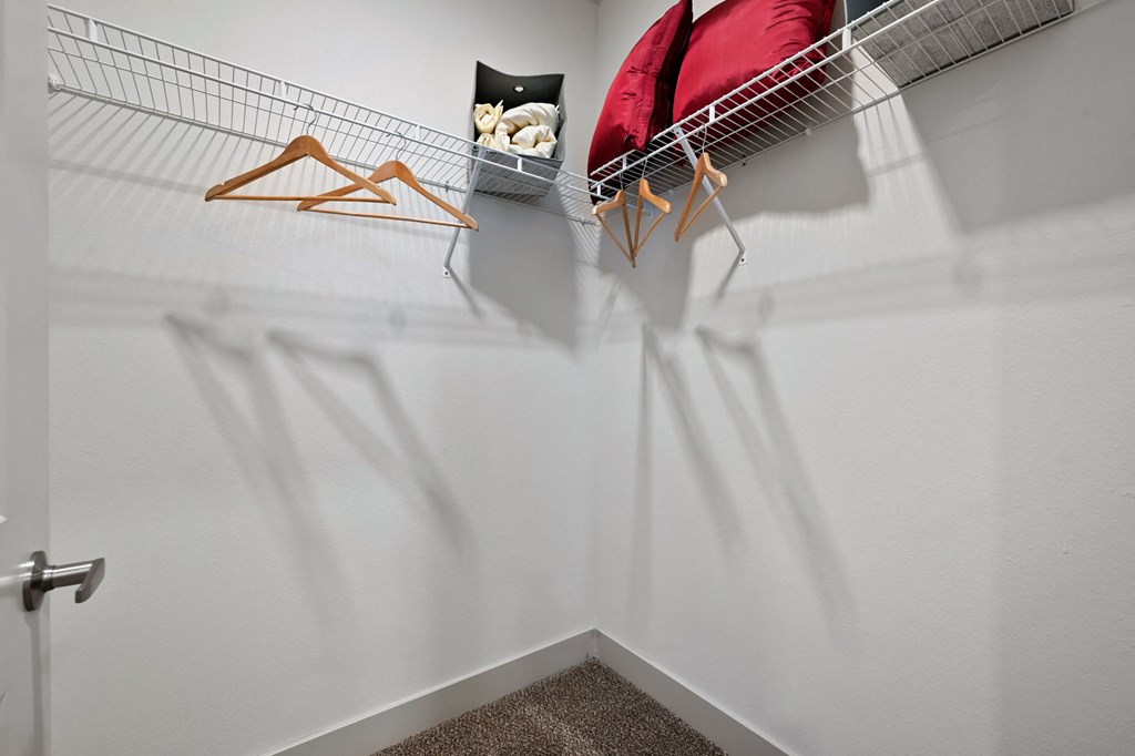 our spacious closet has plenty of shelves and hooks for clothes