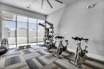 a home gym with exercise bikes and a window with a view