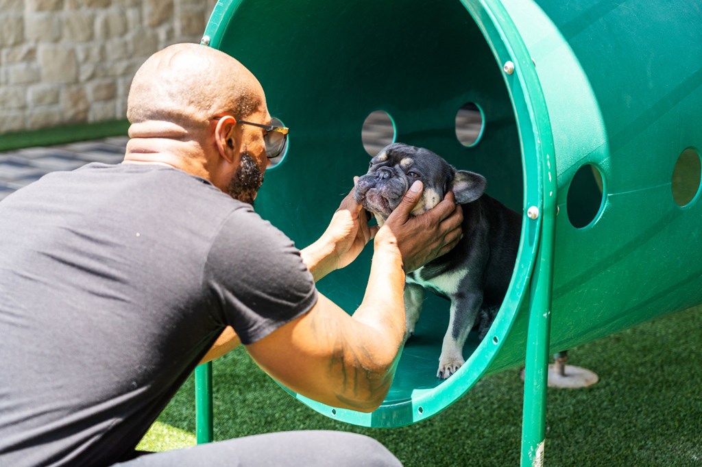 A man is petting a dog inside a green tunnel.