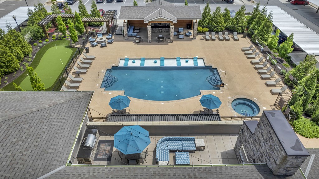 a birds eye view of the pool at the resort at governors island