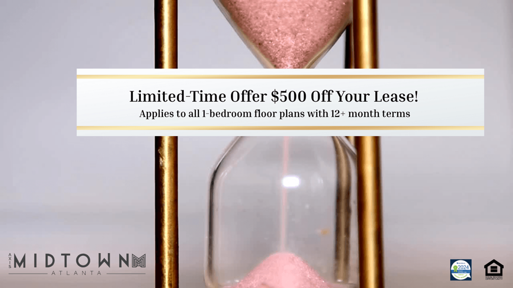 An hourglass with pink sand is used as a visual metaphor for a limited-time offer of $500 off on lease plans.