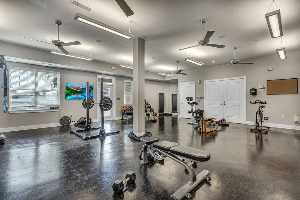 a workout room with weights and cardio equipment at the district at highland village apartments