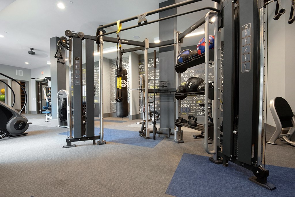 a home gym with weights and cardio equipment