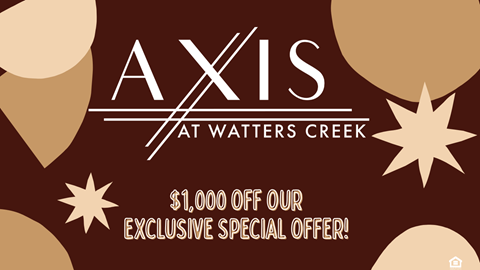 A promotional image for Axis at Waters Creek offering a $1,000 discount on a special offer.