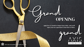 a pair of scissors and a gold ribbon with the words grand opening
