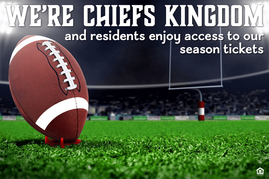 a football on a field with a stadium in the background