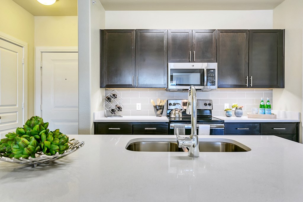 a kitchen with black cabinets and a counter top with a sink