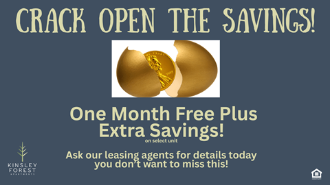 A promotional image for Kinsley Forest advertising a one month free plus extra savings offer.