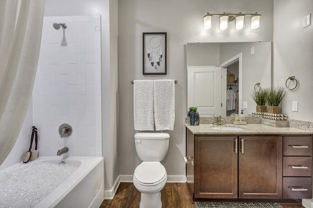 a bathroom with a toilet sink and shower and a bath tub
