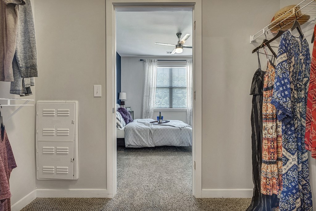 a bedroom with a closet and a bed and a ceiling fan