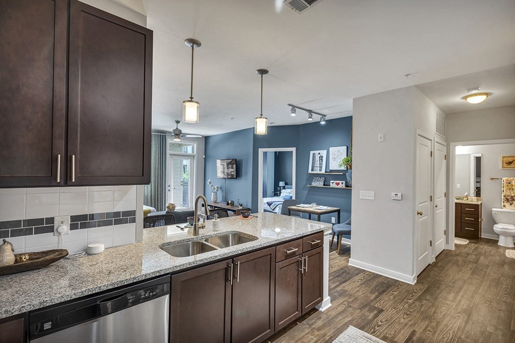 a kitchen and living room with a sink and a counter top