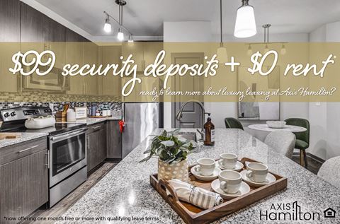 an image of a kitchen and dining room with the words 99% security deposits + $8