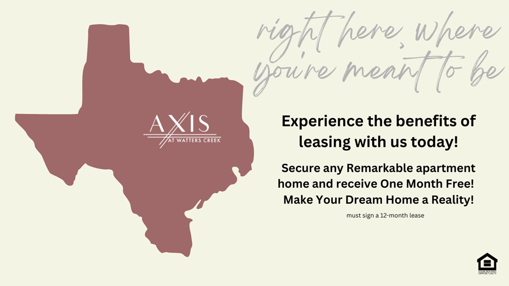 A promotional image for Axis Apartments in Texas offering a free one month lease.