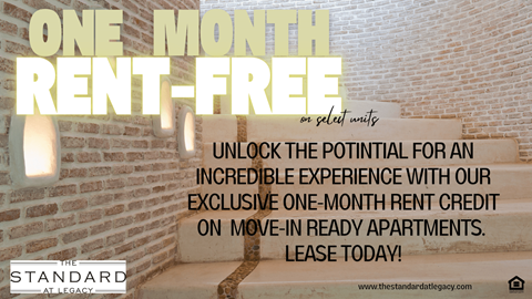 An advertisement for a one-month rent-free credit offer from The Standard at Legacy.