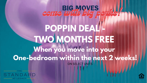 A promotional image for a housing deal offering two months free for moving into a one-bedroom unit within the next two weeks.