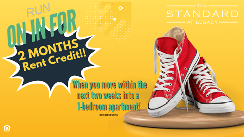 A pair of red Converse sneakers is displayed with an offer for a 2-month rent credit.