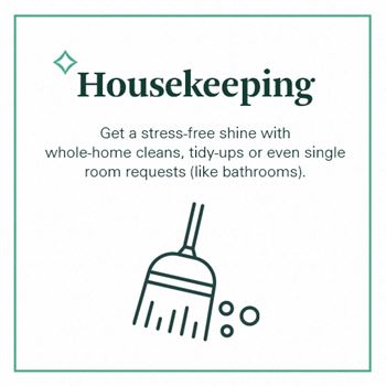 a sign that says housekeeping with a line drawing of a broom