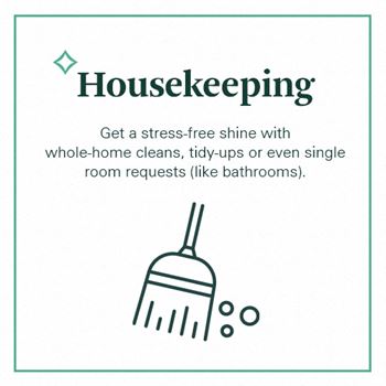 a line drawing of a broom and a phrase housekeeping get a stress free shine