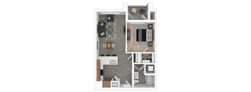 A floor plan of a small apartment with a kitchen, living room, and bathroom.