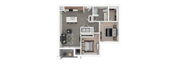 A top-down view of a modern apartment layout with a kitchen, living room, and bedrooms.