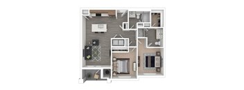 A top-down view of a house layout with a kitchen, living room, and bedrooms.