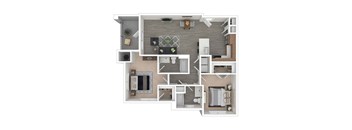 A top-down view of a small apartment layout with a kitchen, living room, and bathroom.