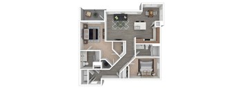 A 3D floor plan of a house showing a living room, kitchen, and bedrooms.