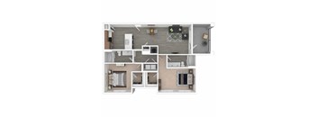 A floor plan of a two-story apartment with a living room, kitchen, and bedrooms.