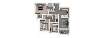 A detailed 3D floor plan of a modern apartment.
