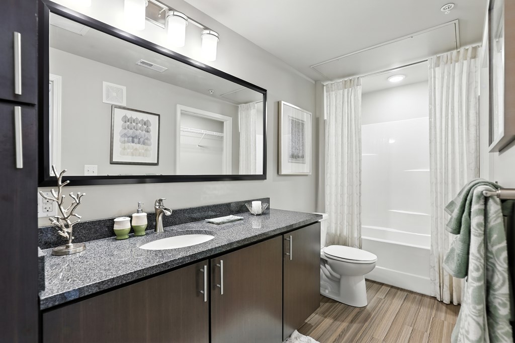A bathroom with a white toilet and a sink at Alinea Town and Country Luxury Apartments in Des Peres MO 63131..