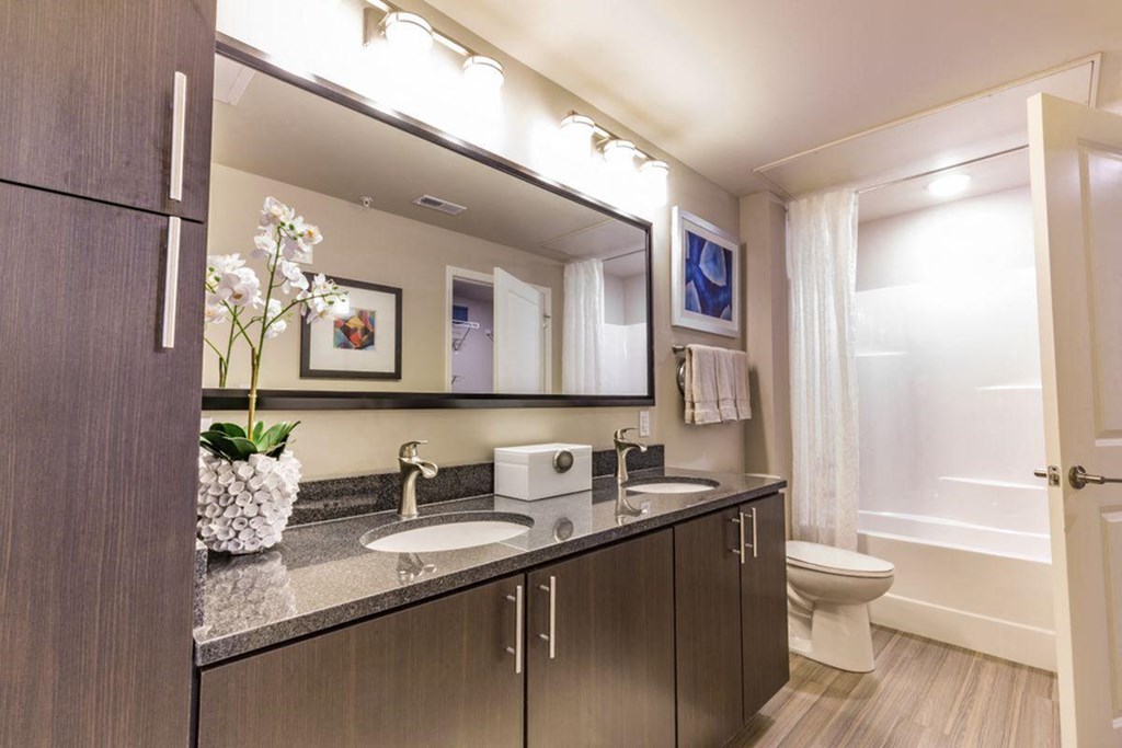a bathroom with a double vanity and mirror
