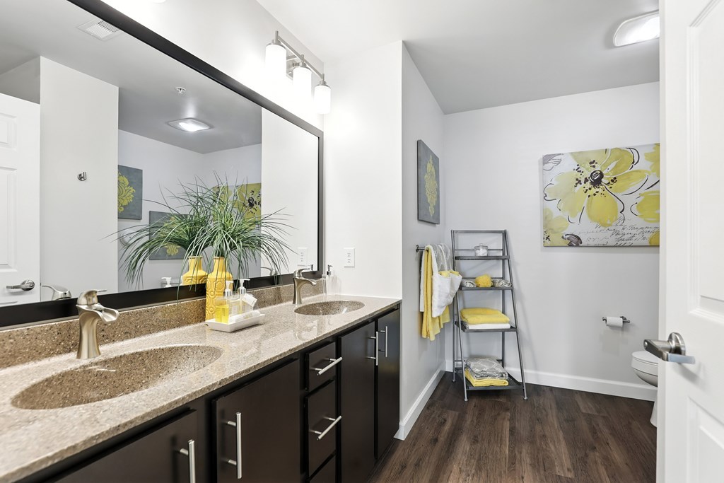 A bathroom with a sink, mirror, and a plant at Bramblett Hills Luxury Apartments in O Fallon MO 63366